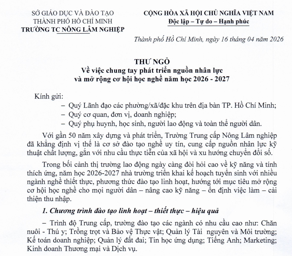 Thư ngỏ về việc chung tay phát triển nguồn nhân lực và mở rộng cơ hội học nghề năm học 2026-2027